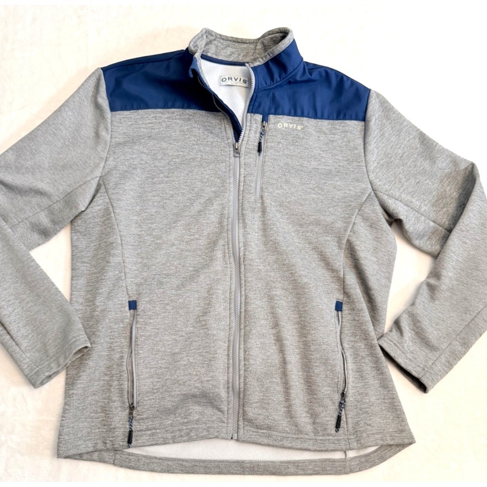 Orvis Full Zip Fleece Jacket Mens Large Gray Blue Lightweight Outdoor